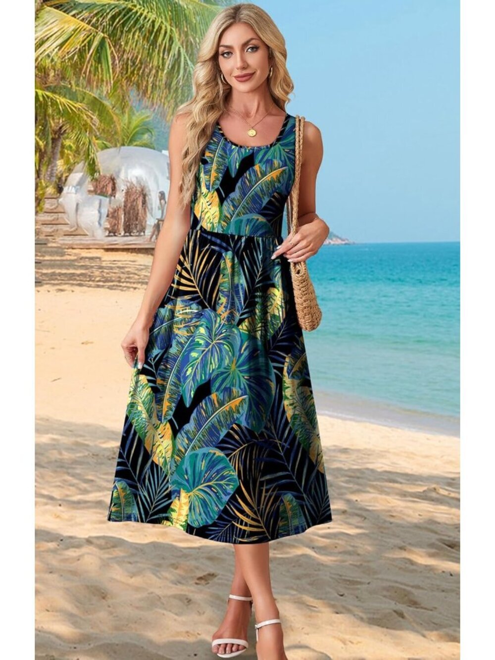 Women Blue Print Casual Midi Dress Sleeveless Pockets Beach Vacation Sundresses - Picture 2 of 5